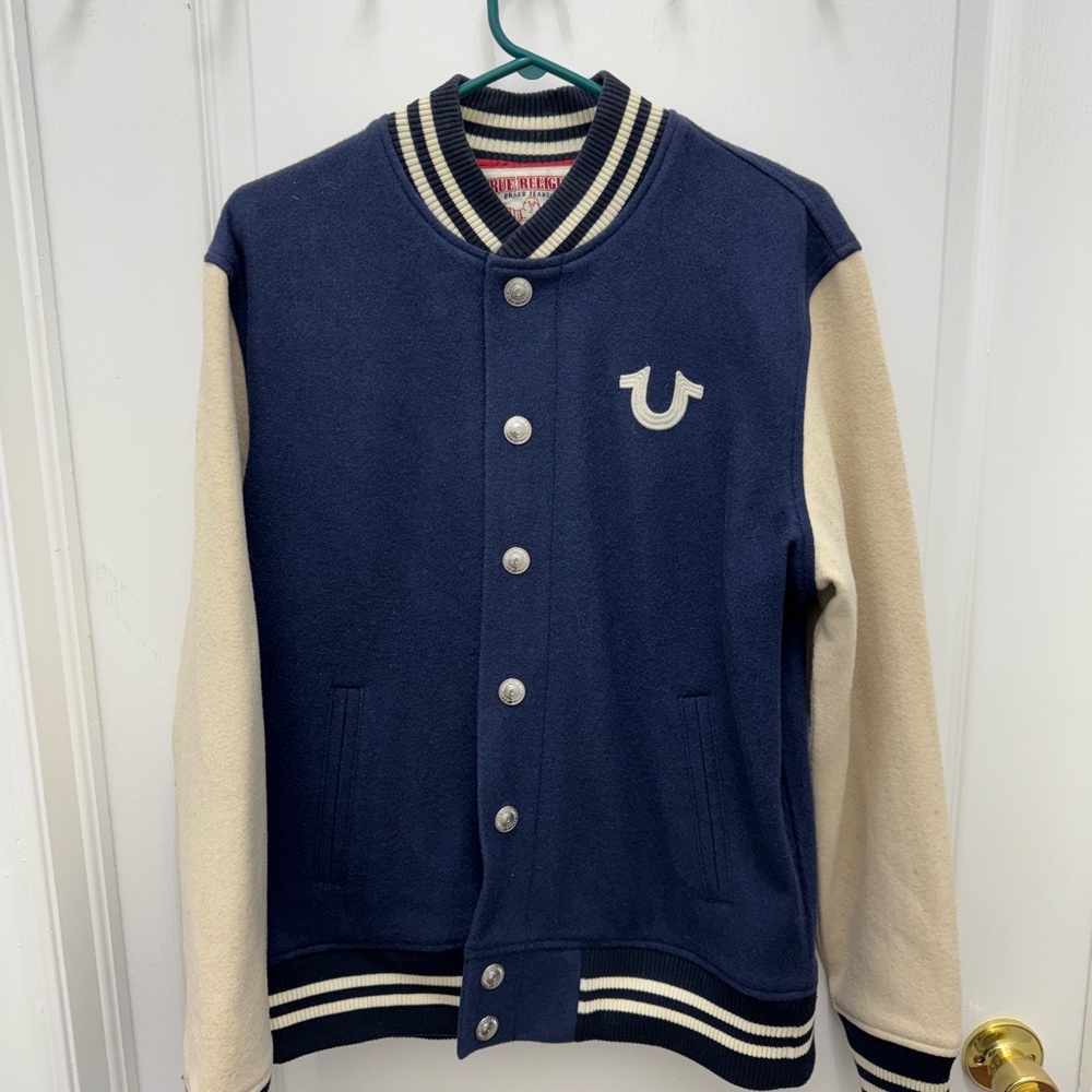 True Religion Blue and Cream Varsity Jacket